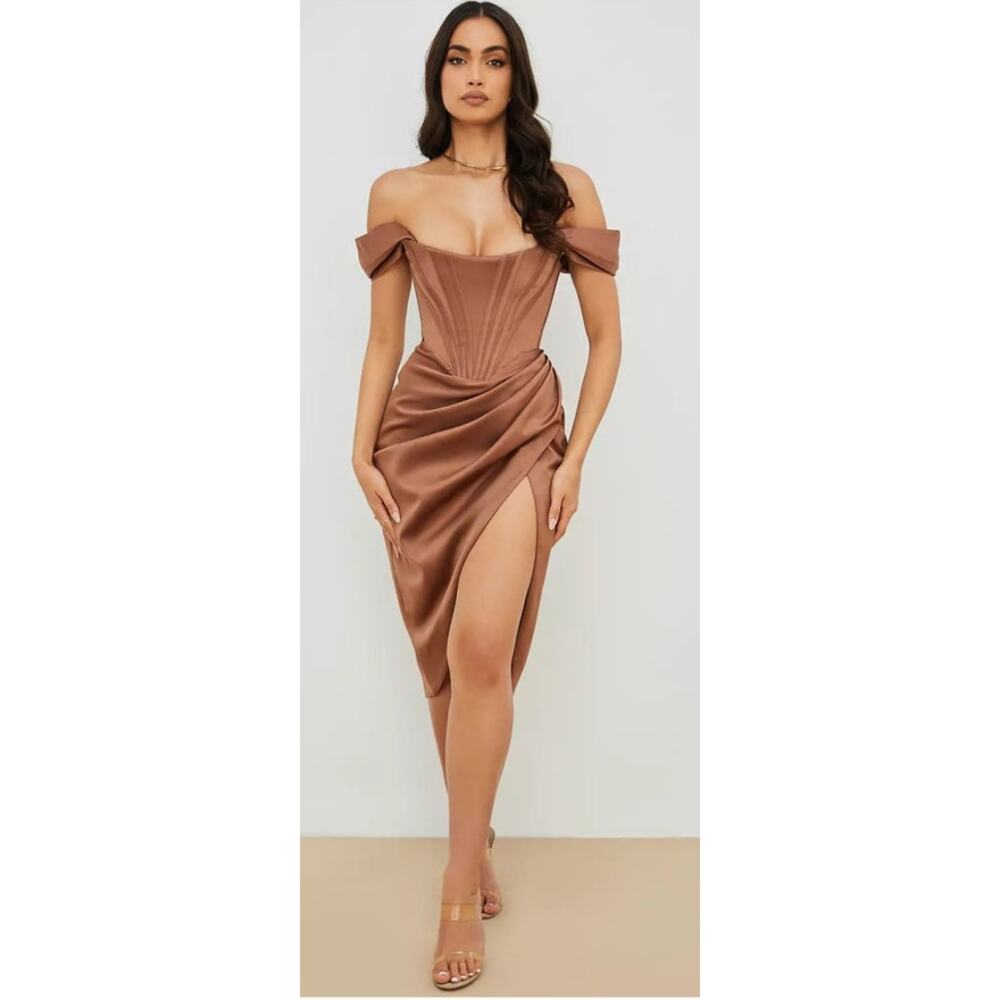 House Of CB Zina Off-Shoulder Satin Draped Midi Dress in Toffee NWT